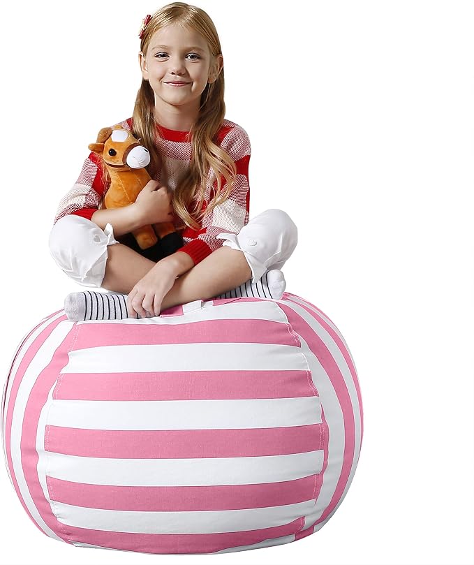 Aubliss Stuffed Animal Bean Bag Storage Chair, Beanbag Covers Only | for Organizing Plush Toys, Turns into Bean Bag Seat for Kids When Filled, Medium 32"-Canvas Stripes Pink/White by Aubliss
