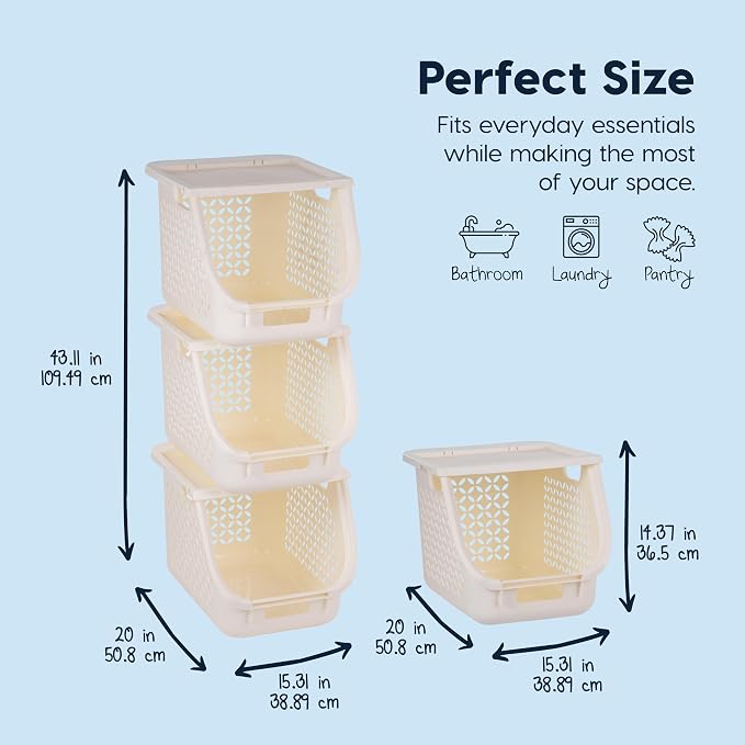 IRIS USA Laundry Basket Hamper, 40L - 3 Pack, Sorter Bin with Lids, White | Stackable, Open Front, Built-In Handles, Ventilation, - Image 2