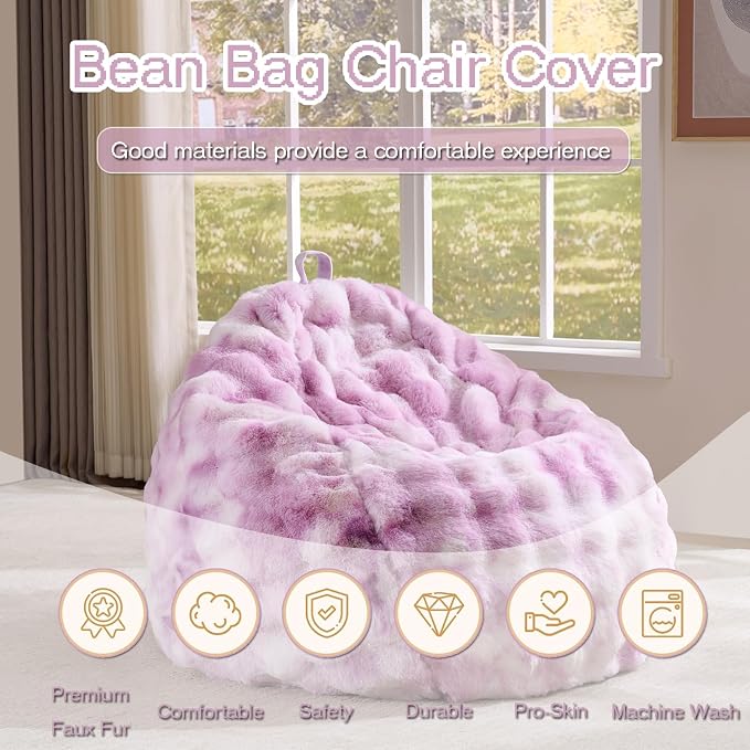 Fluffy Faux Rabbit Fur Bean Bag Chair Cover(No Filler),Cozy Shaggy Bubble Stuffed Animal Storage Large Bean Bag Cover for Bedroom Living Room,Fuzzy Bean Bag Cover Girls Teens Adult,Tie-dye Lavender - Image 2
