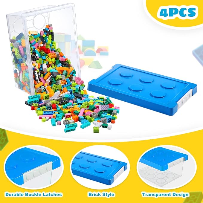 4 Pack Toy Storage Containers with Lids Brick Shaped Kids Toy Organizer Box Plastic Clear Stackable Bin Chest for Building Block Dolls(Small,Red, Yellow, Blue, Green) - Image 5