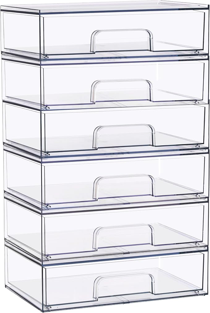 Sorbus Stackable Storage Drawers, Clear Acrylic Pull-Out Organizer (6 Pack) | Wide plastic bins hold baby bottles, cosmetics and bathroom supplies on countertops or inside cabinets and pantries. - Image 7