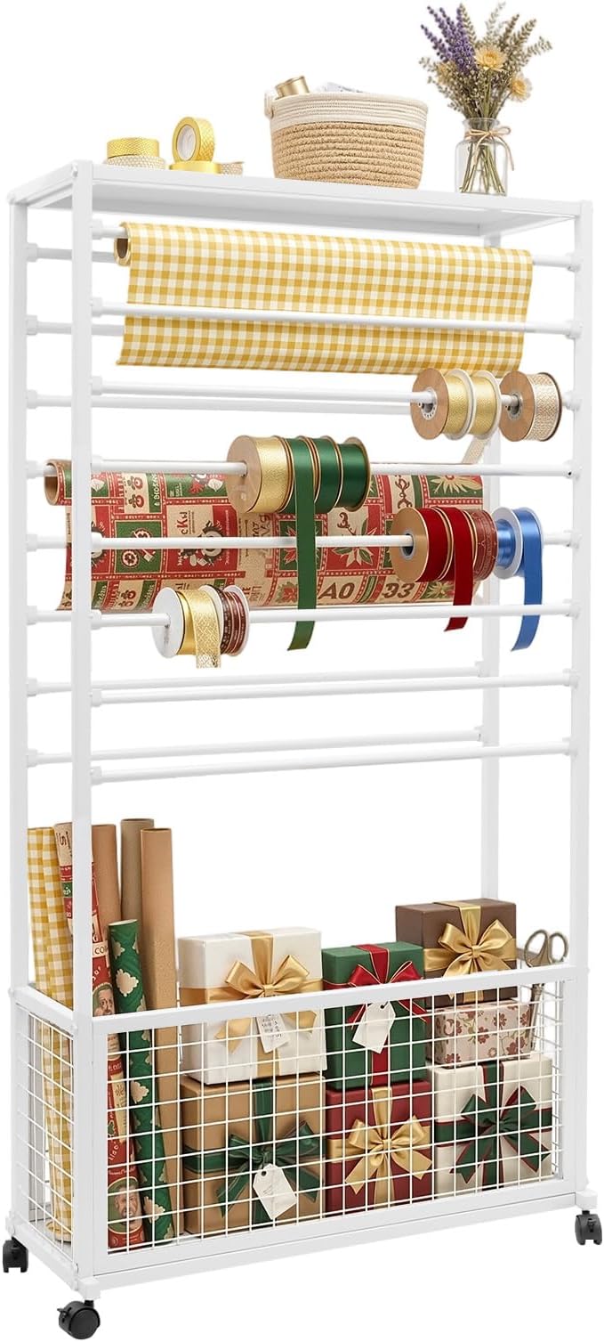 Ribbon Holder Organizer Rack, Double-Sided 16-Layer Ribbon Shelf with Wheel | Ribbon Display Rack, Multifunctional Metal Flower Wrapping Paper Storage Stand for Craft Room Flower Shop, Widen, White by LifeFirstChoice-Blisiour