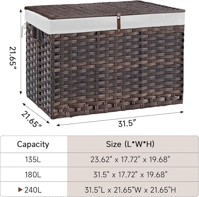 240L Wicker Storage Basket with Lid, Handwoven Rattan Large Shelf Basket with Removable Liner, 63.5 Gallon Wicker Basket for Blanket, Storage Trunk with Handle for Closet, Bedroom, Livingroom, Brown - Image 4