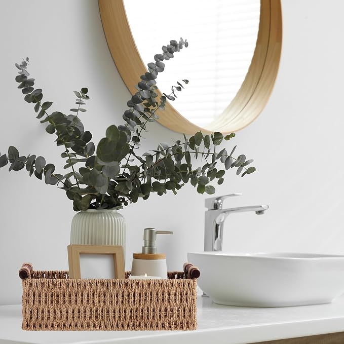 Boao 3 Pcs Boho Storage Wicker Baskets Handmade Woven Decorative Paper Rope Baskets for Organizing with Handle Countertop Toilet Paper Storage Container for Toilet Tank Top(Natural Color,Rectangle) - Image 4
