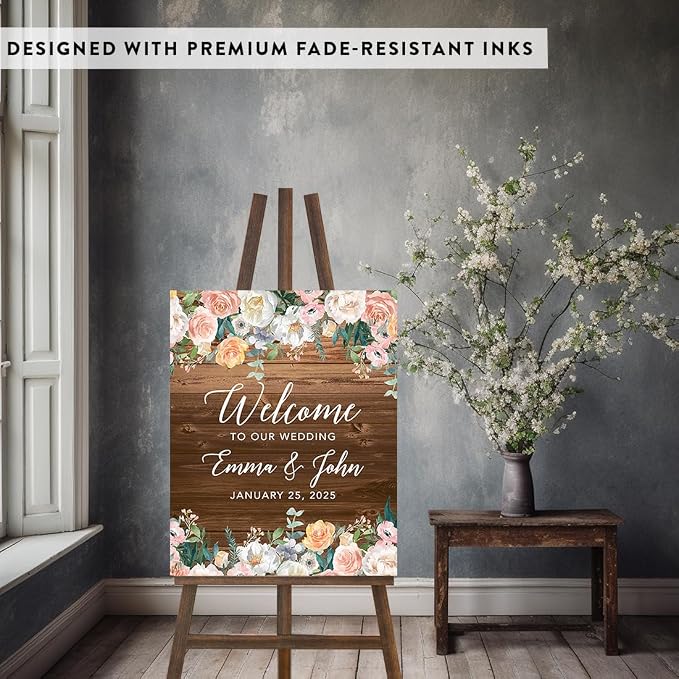 Andaz Press Custom Large Canvas Wedding Guest Book Alternative, 16 x 20 Inches, Rustic Wood Florals Vertical Personalized Sign Our Canvas Guest Book Signs for Wedding Rustic Woodland Theme Events - Image 3