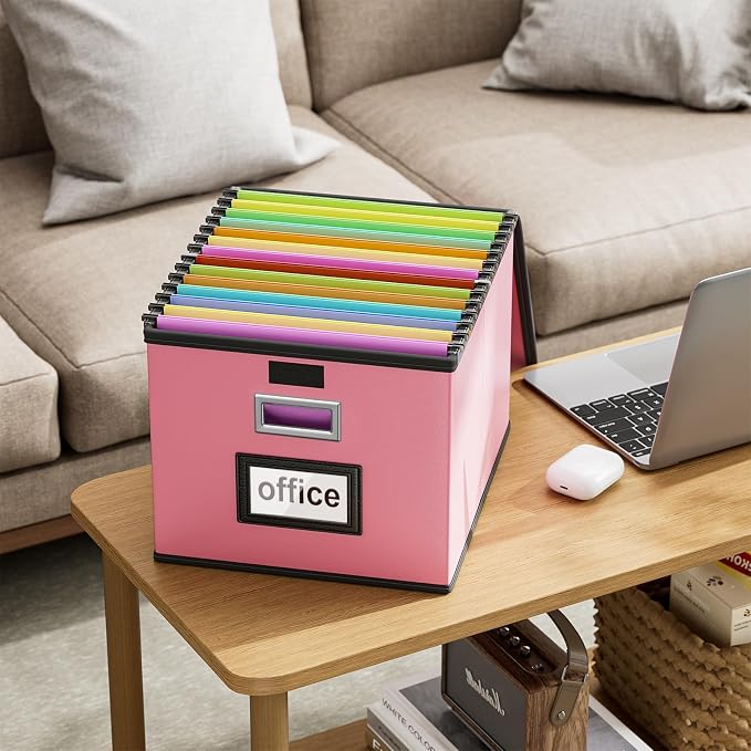 File Organizer Box with Lids, Collapsible File Folder Organizer | File Box with Plastic Slides for Document, Filing Bin for Letter Size Hanging File Folders (2 Pack, Pink, Leather) - Image 8
