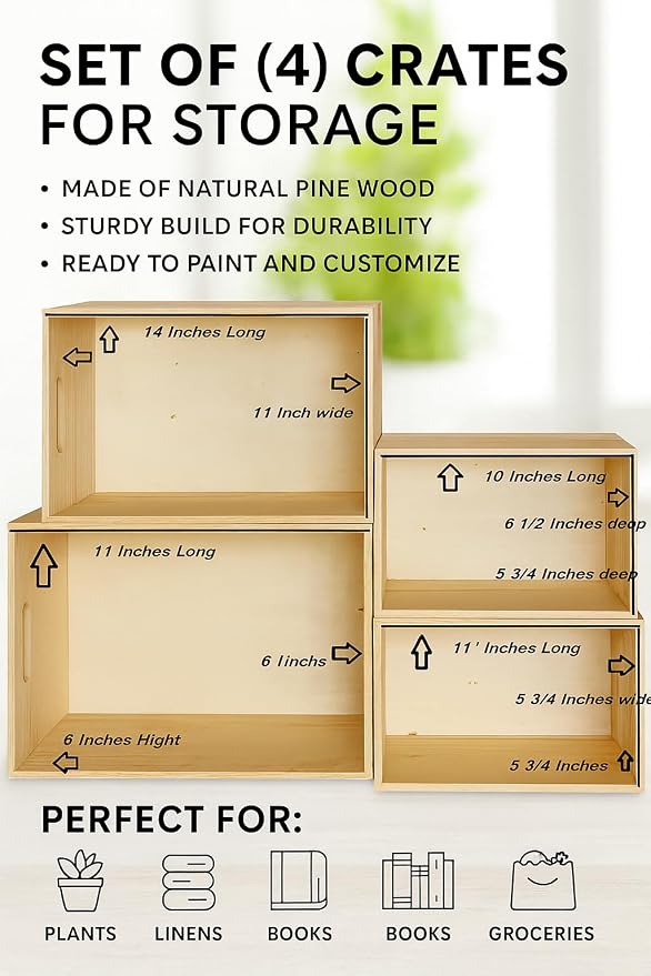 Unfinished Wooden Crates 4 Pack - Nesting Pine Wood Boxes with Handles | Decorative Storage Boxes for Crafts, DIY, Farmhouse Decor, Kitchen, Pantry Display - Stackable Graduated Sizes, Oojami - Image 5