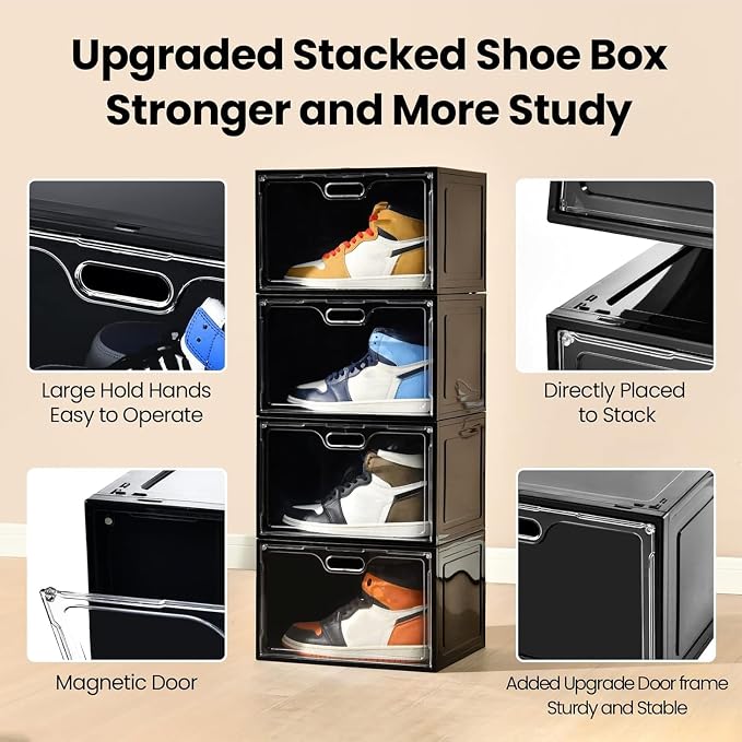 8 Pack Drop Side Shoe Boxes, Large Stackable Shoe Storage, Thick Plastic | Sneaker Storage with Magnetic Door, Shoe Organizer for Closet, Sturdy Shoe Containers, Sneaker display Case Fit up to Size 13 - Image 3