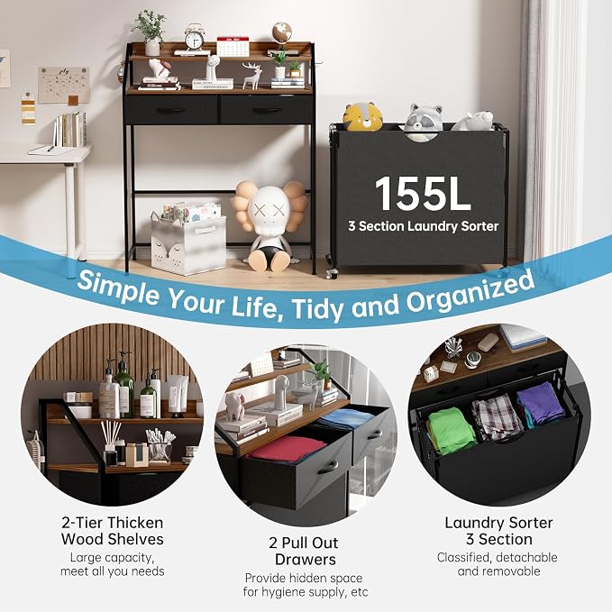 Laundry Sorter with 3 Section Pull Out Bags Rolling Laundry Basket Organizer with 2 Drawers Laundry Hamper with Shelves and Wheels for Laundry Room, Bathroom, Bedroom Organization(2 Tier) - Image 3