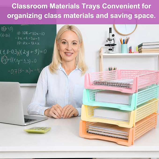 16 Pack Pastel Plastic Turn in Paper Trays for Classroom Storage Bin Basket Organizers for School Teacher Supplies Classroom Office Home Organization Storage Tray Holds 4A Paper File Document - Image 6