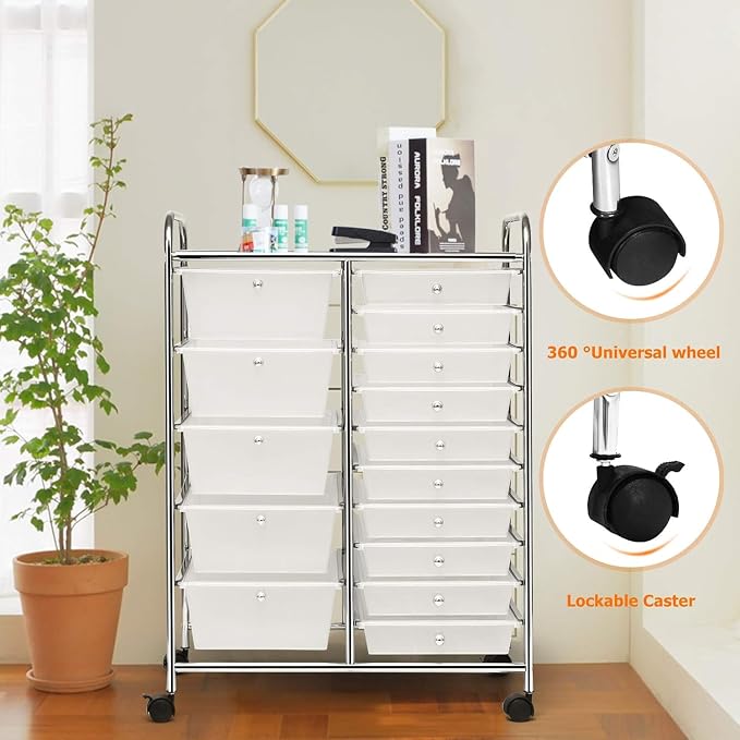15 Drawer Rolling Storage Cart, Rolling Cart with Drawers for Classroom, Art Supply Craft Organizer on Wheel with Metal Frame & Handles for Home Office School - Image 6