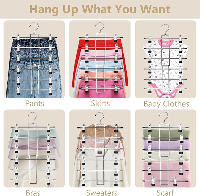 Pants Hangers with Clips,Space Saving Hanging Closet Organizer-6 Tiers Skirt Hangers with 360° Swivel Hook,Closet Organizer-Clothes Hangers- College Dorm Essentials Apartment Essentials- 4 Pack - Image 4