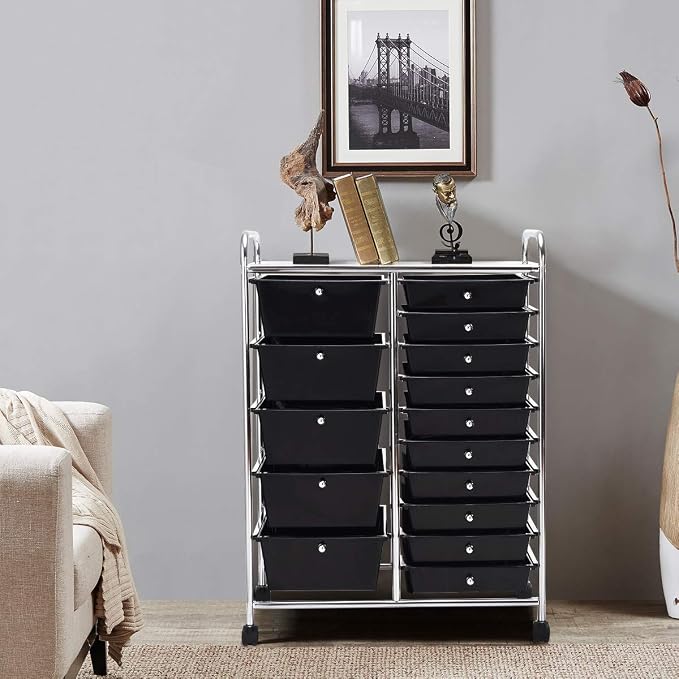 RELAX4LIFE 15 Drawer Rolling Storage Cart, Mobile Drawer Carts for Craft Art Supply Paper Salon, Utility Cart on Wheels for Classroom Teacher School Office, Rolling Cart with Drawers (Black) - Image 6