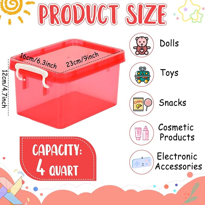 6 Pack 4 Quart Colorful Plastic Storage Bins with Lids Stackable Storage Bins with Latching Lids Handle Clear Colored Storage Organizer Bins for Home Office Pantry Containers(6 Red) - Image 2