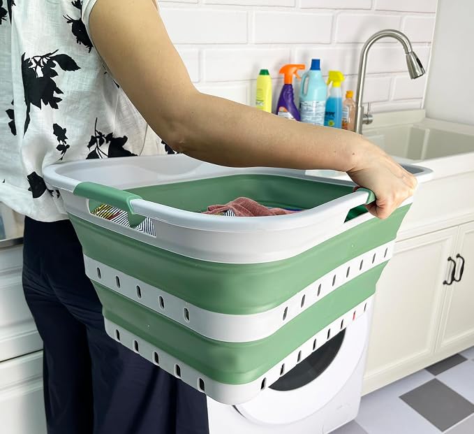 SAMMART 42 (11 Gallons) Collapsible Plastic Laundry Basket, Foldable Pop Up Storage Container/Organizer, Space Saving Hamper, Portable Bin for Dorm Room Bathroom (2, Grey/Dark Sea Green) - Image 3