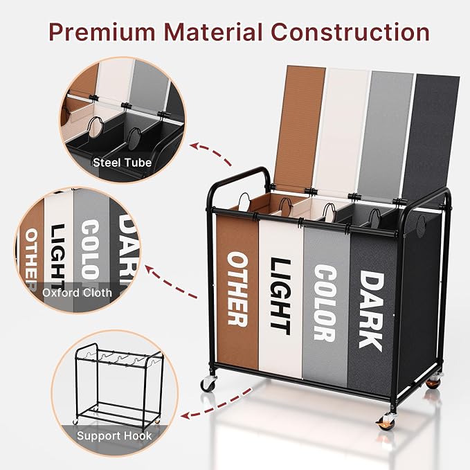 180L Laundry Sorter 4 Section with Lockable Wheels and Lid Multicolor | 4 Large Separate Removable Bag|Heavy Duty Rolling Laundry Basket|Laundry Hamper Cart for Laundry Room Organizer - Image 4
