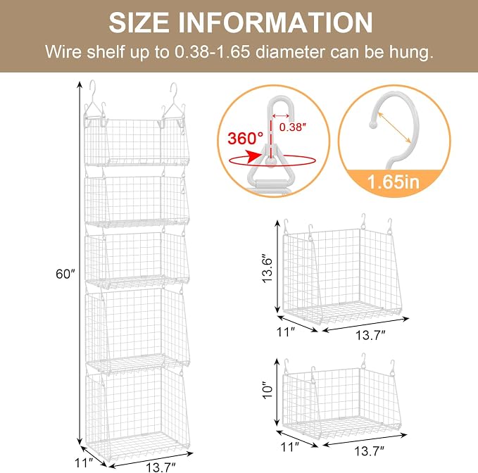 Sonyabecca 5-Tier Hanging Laundry Basket Organizer: Foldable Wire Shelf Basket with 4 Large Hooks 1.65" & 360°Rotating Hooks – Space-Saving Laundry Room Organization for Wardrobe Closet, White Patent - Image 7