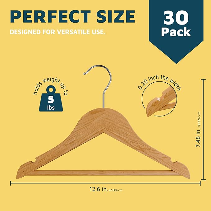 Natural Color Wooden Kids Hangers 30 Pack, Toddler & Baby Wooden Hangers, 11.8" Solid Maple Wood with 360° Swivel Hook, Pants Bar & Notches, Up to 7.7lb Capacity, Space-Saving Design for Ages 0–8 - Image 2