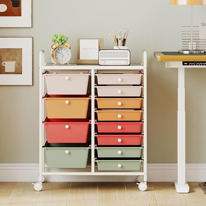 COSTWAY 12 Drawer Rolling Storage Cart, Utility Cart with Metal Frame | Mobile Art Supply Craft Organizer, Multipurpose Storage Organizer for Paper, Office, School Teacher, Classroom, Macaron - Image 2