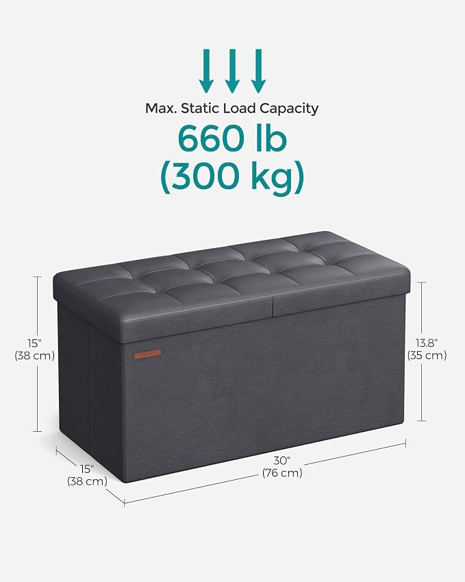 SONGMICS MAZIE Collection - 30 Inches Storage Ottoman Bench with Flipping Lid, Storage Chest Footstool, Load 660 lb, for Entryway, Living Room, Bedroom, Synthetic Leather, Dark Gray ULSF045G01 - Image 3