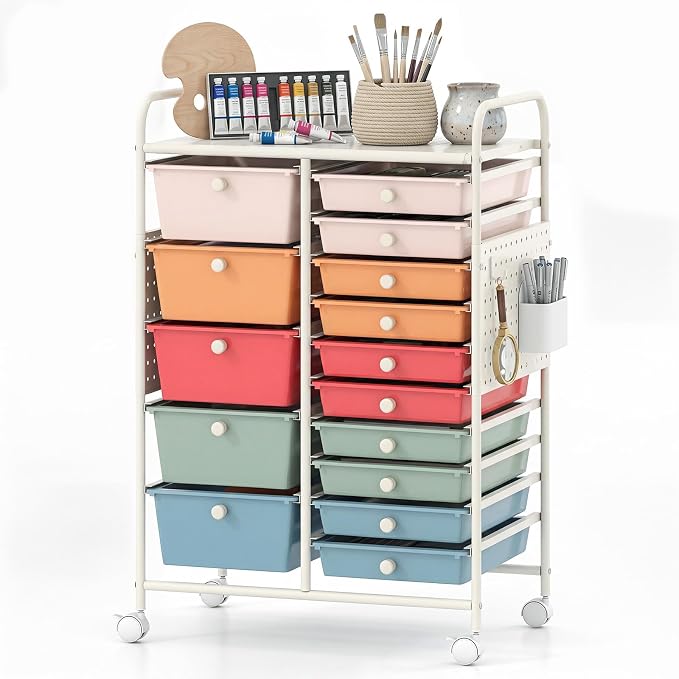 DREAMADE 15-Drawer Rolling Storage Cart, Craft Organizer Cart, Macaron | Mobile Utility Cart with Metal Pegboard Panels, Tabletop and Lockable Wheels for Classroom, Office, Studio and Playroom by DREAMADE