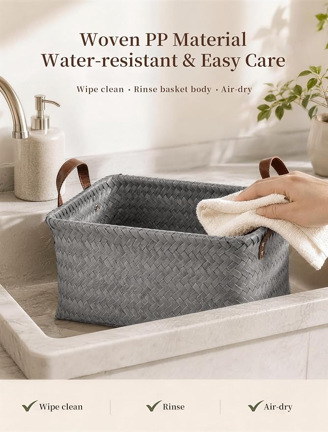 Wicker Storage Baskets, 4 Pack Woven Baskets for Shelves, Grey | PP Rattan, Water-resistant Wicker Basket, Large Baskets with Faux Leather Handles for Blanket, Laundry Organizer, Room Decor - Image 7