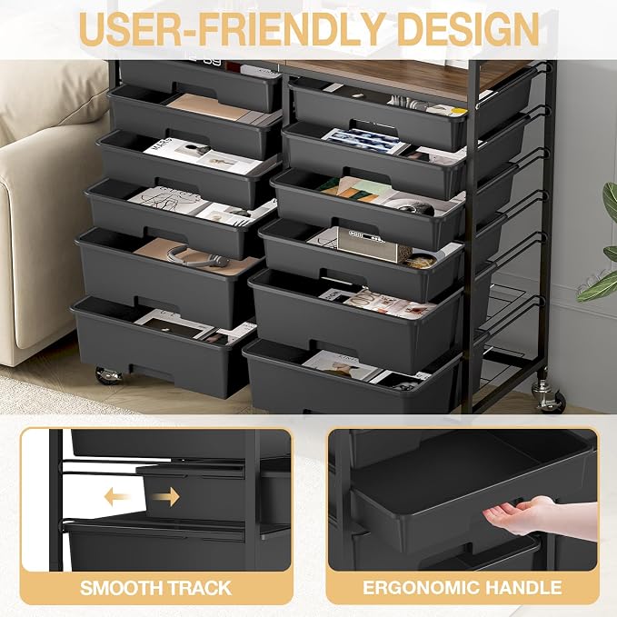 TOOLF 12 Drawers Rolling Storage Cart with Wooden Top for Classroom, Black | Teacher Cart Craft Art Supply Organizer, Utility Cart with Lockable Wheels for Home Household Essentials, Office Organization - Image 7