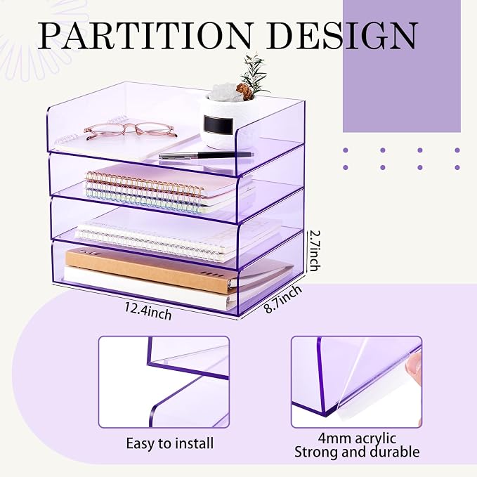 Harloon 4 Tier Clear Purple Acrylic Paper Organizer Letter Tray, Aesthetic Stackable Desk File Organizer Paper Holder Office Tray for A4, Modern Classroom Home Office File Pad Books Notes - Image 2