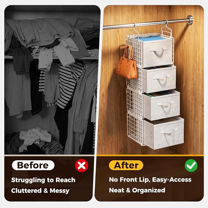 4 Tier Hanging Closet Organizer with 4 Drawers, White | Metal Hanging Shelves with 4 Hanging Hooks for Wardrobe Laundry Garage, No Sagging, Modular Design, Space Saving - Image 5