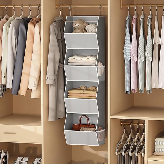 Hanging Closet Organizer 4 Shelf Collapsible Bedroom Closet Organizers and Storage Hanging with Mesh Pockets for Clothes, Fabric Hanging Storage Bins for Wardrobe Closet Organization and Storage, Grey - Image 7