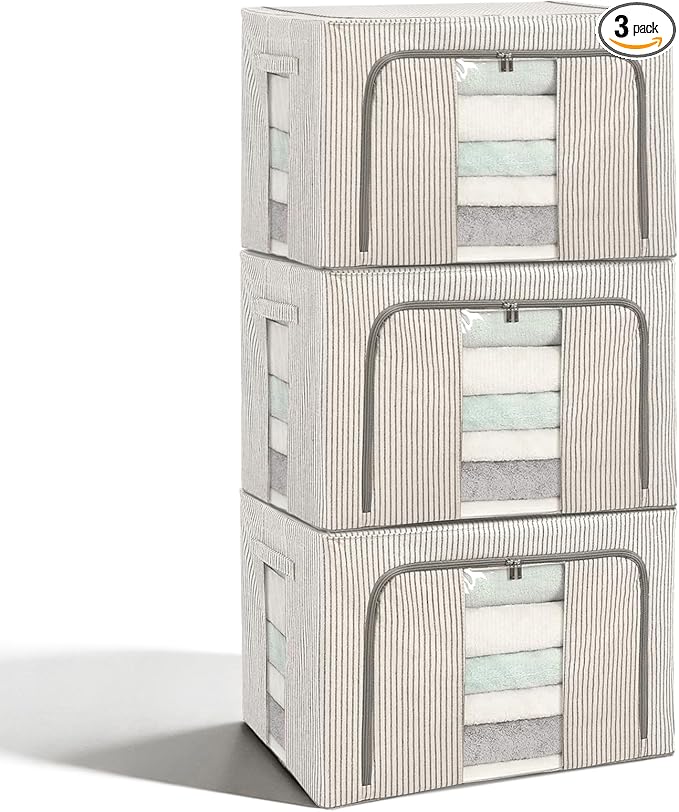 3 Pack Clothes Storage Bins with Metal Frame,Foldable Storage Bin with Lid for Clothes,Stackable Cotton Linen Fabric Organizer Set with Carrying Handles and Clear Window(Grey White Stripe, 66L) by Unknown