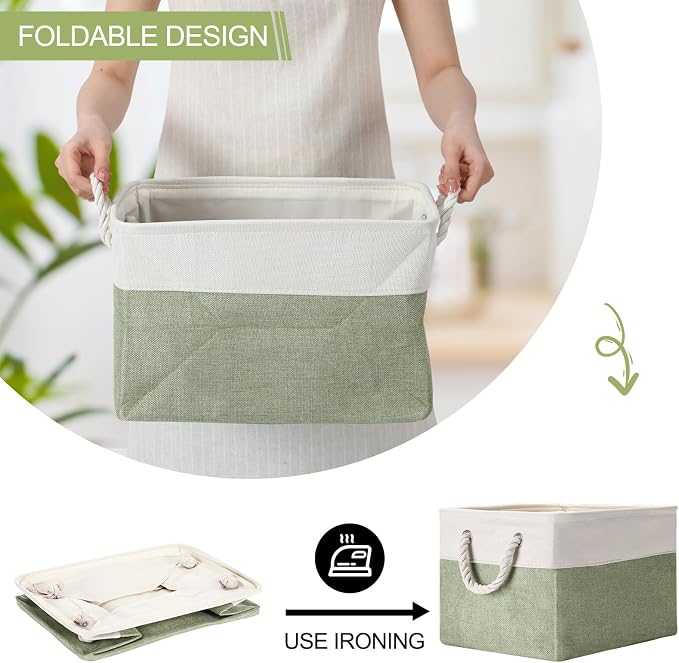 FoldTier 10 Pack Large Collapsible Fabric Storage Baskets with Handles Decorative Storage Bins for Organizing Shelves Toys Clothes(Beige & Green,16 x 12 x 10 Inches) - Image 5
