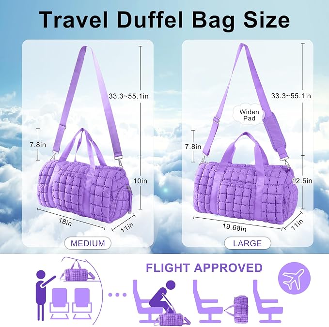 Quilted Travel Duffle Bag Gym Bag for Women,Large Puffer Duffle Weekender Bag with Compartment,Workout Overnight Carry on Organizer Bag Duffle Bag for Airplane Travel(L-Purple) - Image 2