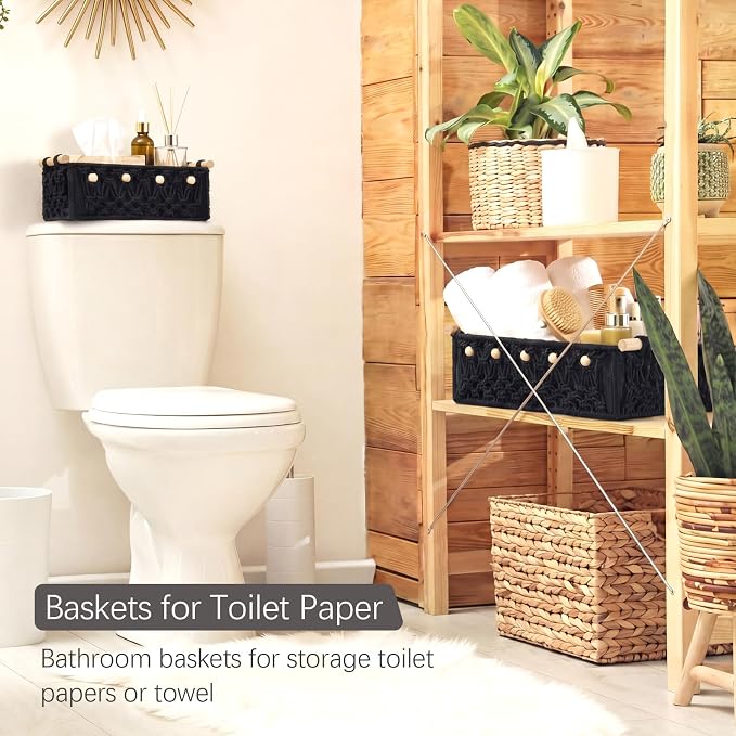 Vesici 4 Pcs Black Macrame Storage Basket for Shelves 13 in 11 in Boho Storage Basket Hand Woven Boxes with Wood Handles Beads Decorative Countertop Toilet Tank Cabinet Organizer for Home Room Decor - Image 5