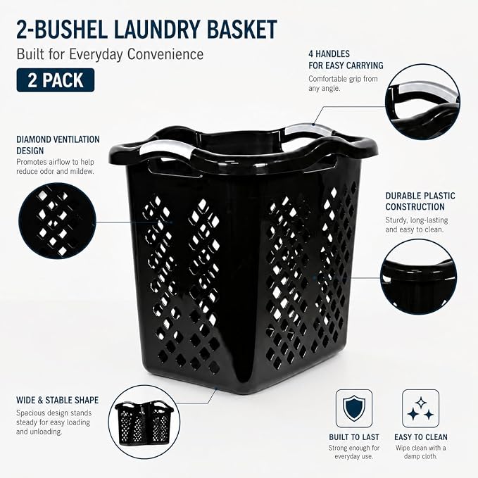 Laundry Basket 2 Pack 2 Bushel Plastic with Handles Black | Durable Plastic with Space-Saving Shape – Fits closets and on top of machines. Also organizes toys, balls, and sports gear. - Image 4
