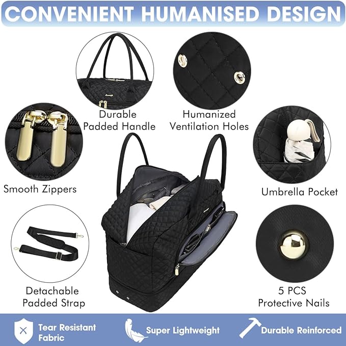 Large Travel Duffle Bags for Women: Weekender Bag with Shoe Compartment | Carry On Bag with Wet Toiletry Pocket & Wet Pocket for Overnight, Weekend, Hospital, Yoga, Business Trips, Sport, Gym, Black - Image 3