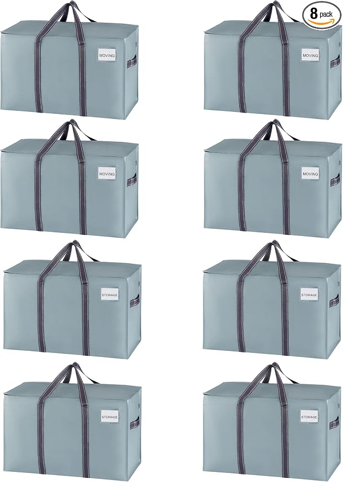 VENO 8 Pack Heavy Duty Moving Bags, Extra Large Storage Bags with Reinforced Handles & Strong Zippers, Foldable & Reusable Moving Box Alternative for Clothes & Dorm Storage by Veno