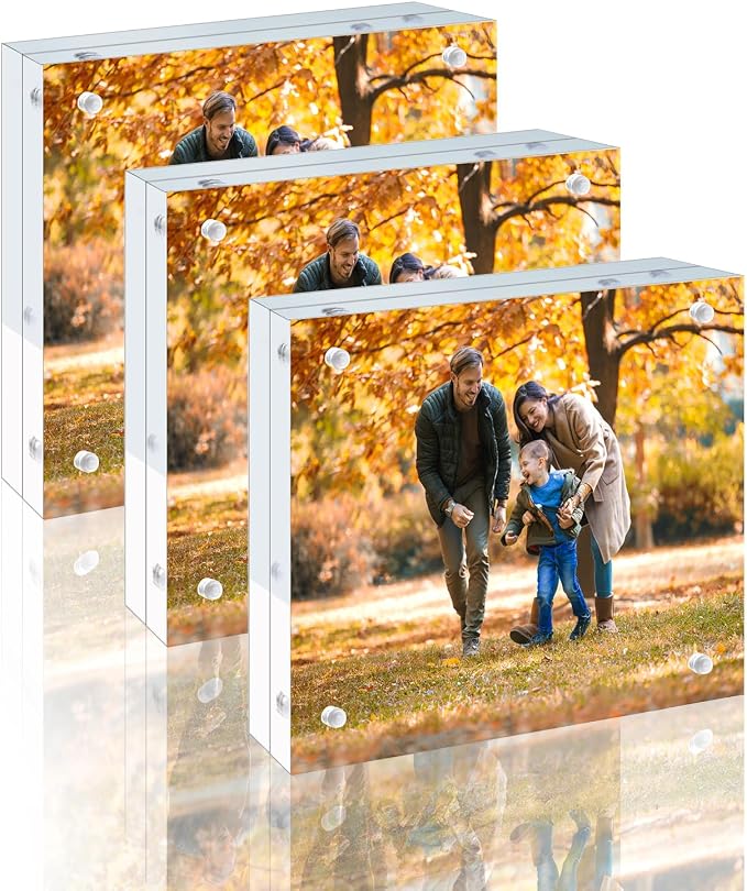 3 Pack 4x4 Acrylic Picture Frames - 20% Thicker Double Sided Magnetic Frame with UV Protection - Freestanding Clear Frameless Display for Tabletops - Modern Photo Frame Set for Home & Office Decor by AdeptusMechanicus