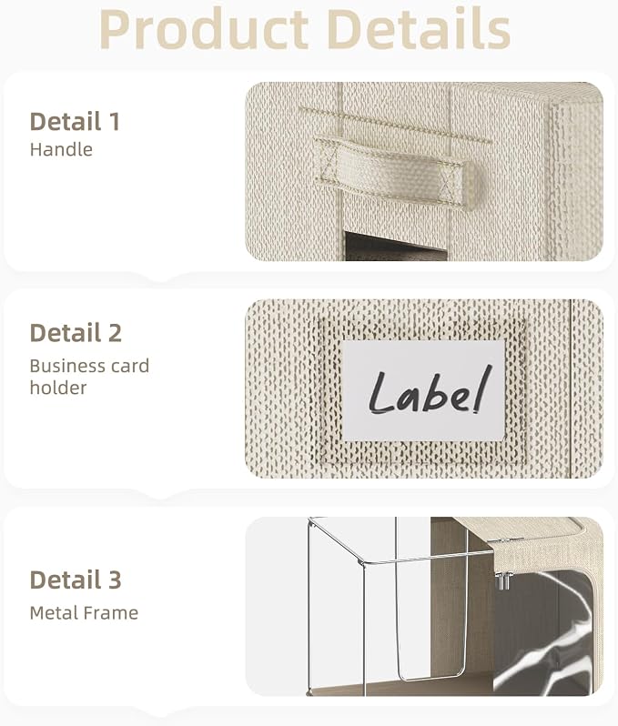 FHSQX 2 Pack Clear Window Storage Bins - Large Stackable Linen Fabric Storage for Clothes Foldable Container Organizer Set with Carrying Handles (Beige, 16.5x 12.2x 12.2Inch) - Image 4