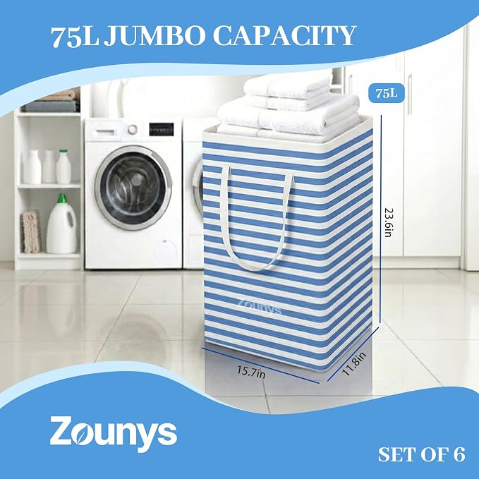 6Pack Large Laundry Hamper Collapsible Laundry Baskets, Waterproof Freestanding Laundry Hampers Plastic Laundry Basket in Back-to-School Season, Laundry Room, Dormitory, Bedroom (75Lx6, Bule) - Image 2