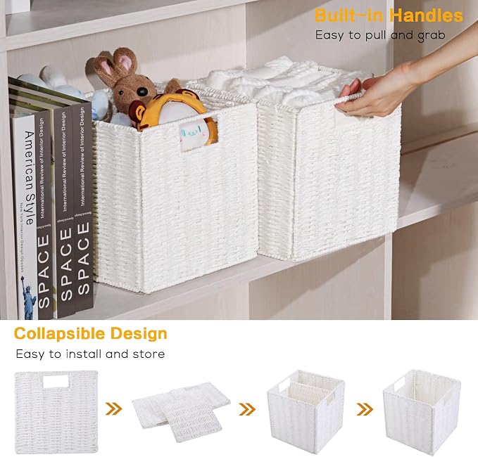 Wicker Storage Basket, Set of 2 Hand-Woven Storage Baskets for Organizing, White Foldable Cube Storage Bins Organizer, 9 x 9 Inch Square Wicker Storage Baskets for Shelves Pantry Decor - Image 3