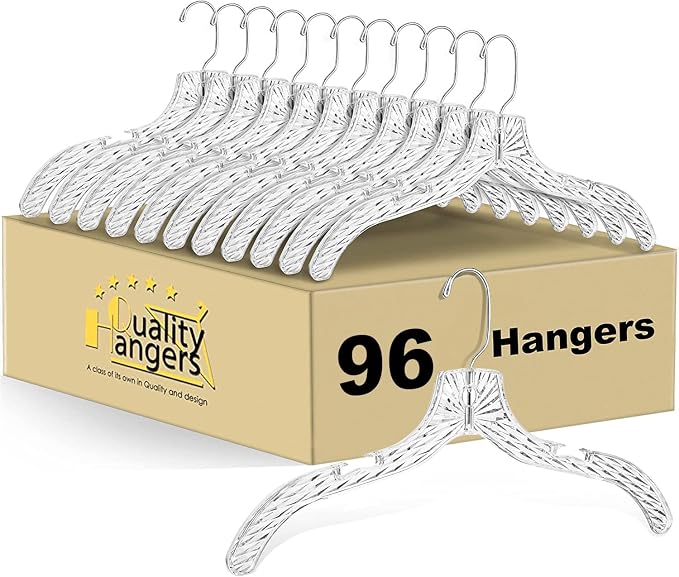 Quality Clear Plastic Hangers 96 Pack - Crystal Cut for Shirts, Suits, Coats, Dresses Hangers, Heavy Duty & Nonslip Design with Swivel Hook, 17 inches by QualityHangers