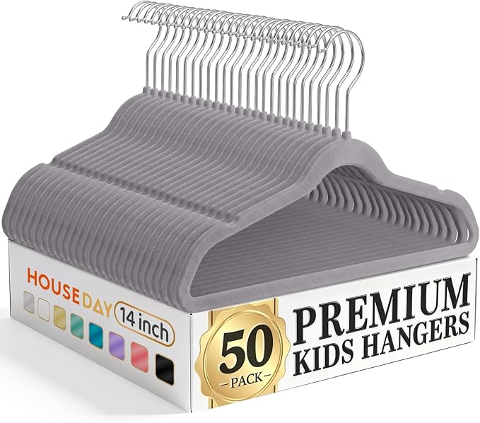 HOUSE DAY 14 Inch Kids Velvet Hangers 50 Pack, Durable Big Kid Hanger Grey | Children Hangers for Youth, Teen, Non Slip Kids Felt Hanger, Cute Small Hanger for Closet, Ideal for Everyday Use by HOUSEDAY