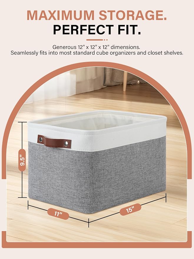 DULLEMELO Storage Baskets for Organizing, Rectangular Fabric Storage Bins Collapsible, Perfect for Shelves, Closets, Empty Gift Baskets (3-Pack Medium-15 inch X 11 inch X 9.5 inch , White&Grey) - Image 2