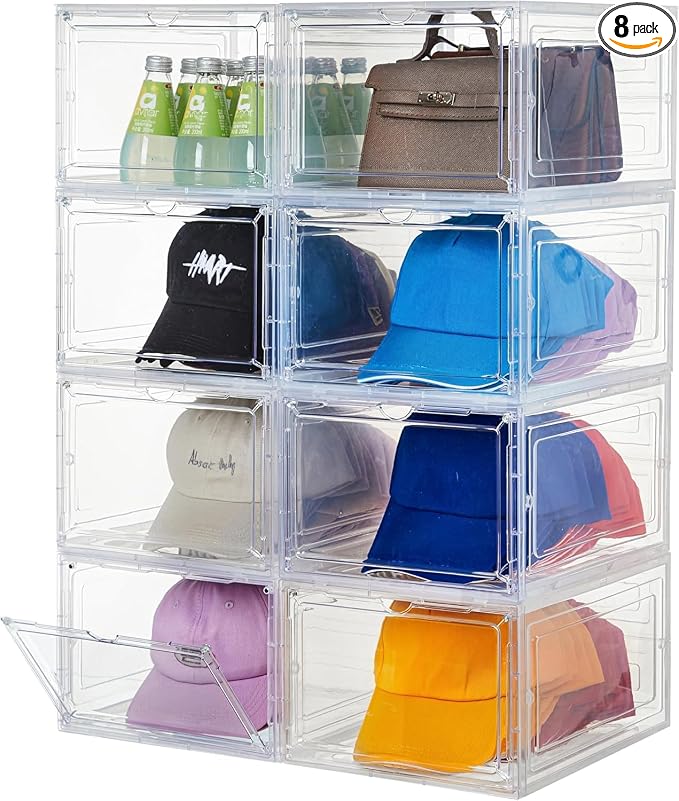 Attelite Upgrade Harder Solid Plastic Hat Organizer for Baseball Caps, 8 Pack Stackable Hat Storage Box with Clear Magnetic Door, Hat Rack(XL-Clear) by Attelite