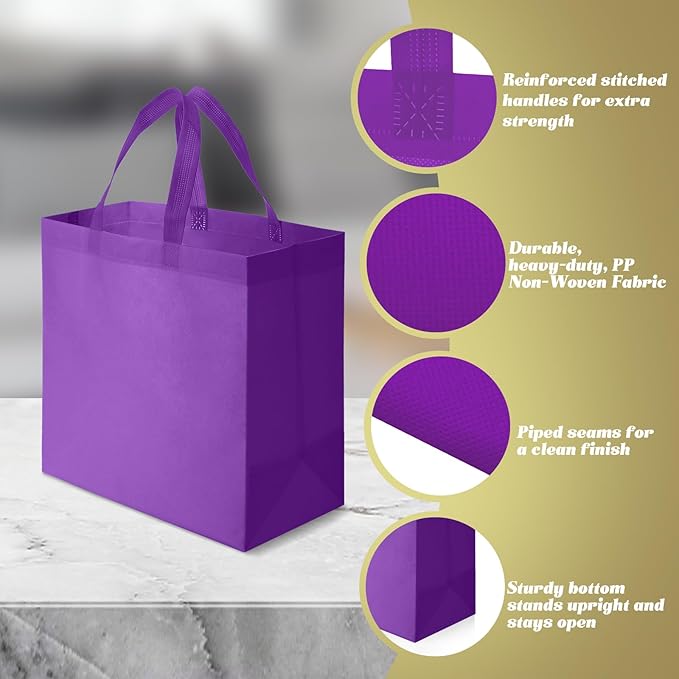 Reginary 100 PCS Non Woven Tote Bags Bulk,Purple | Reusable Shopping Bags with Handles, Stores, Groceries Markets, Events Gift, Party Supplies - Image 4