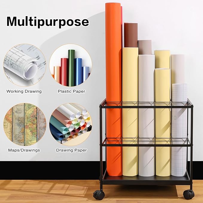 Blueprint Storage Rack Cart - 20 Slots Metal Blueprint Holder with Double-Layer Grids Ensures Secure, Non-Slip Storage, Organizing Posters, Architectural Plans, and Artwork Stably. (20 Slots) - Image 2