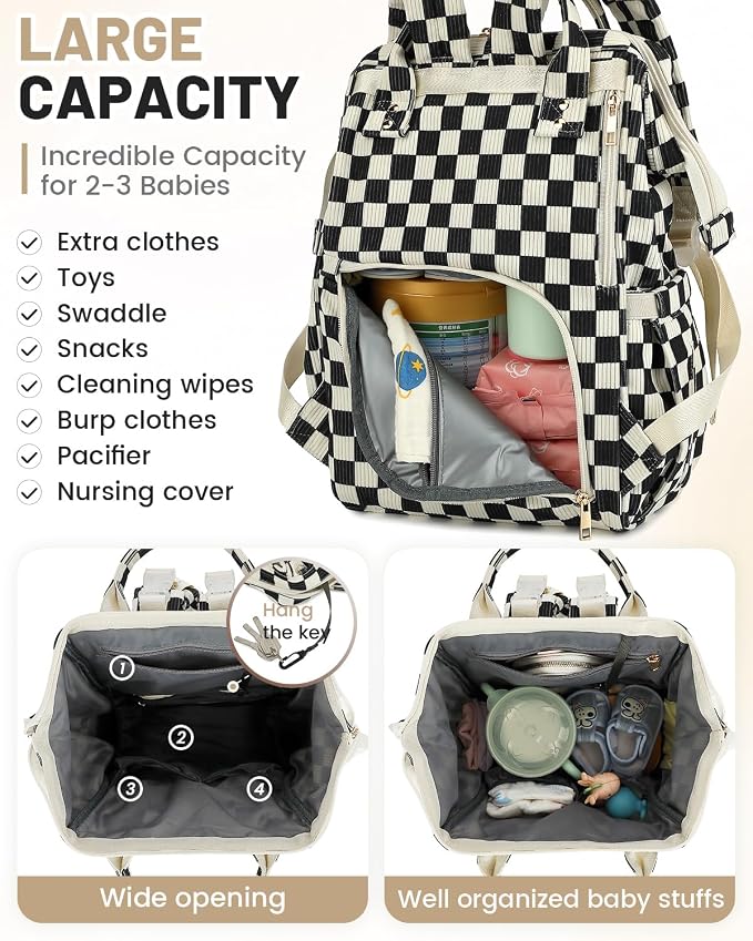Corduroy Diaper Bag Backpack, Large Capacity Multifunction Baby Diaper Bags for Women, Insulated Bottle Pockets & Pacifier Case, Stylish Travel Nappy Changing Bags for Mom Dad (Checkered Black) - Image 4