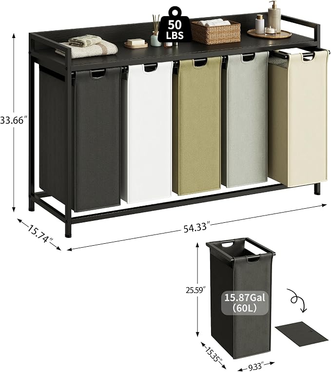 Herture Laundry Hamper with Shelf, Laundry Basket 5 Section, Laundry Sorter with Pull-Out Removable Large 5 Color Bags and Movable Wheels, Metal Frame, 5 x 15.87 Gallons (60L), Black PF08XLK - Image 2