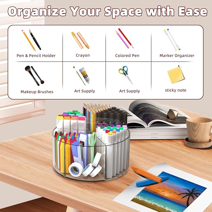 500 PCS Acrylic Pencil Holder, 360 Rotating Clear Marker Organizer, Pen Crayon Marker Caddy Organizer for Desk, Desktop Storage and Organizer for Office School Art Supplies, 2 Pack - Image 4